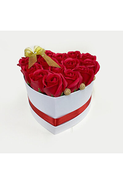 velve Aranjament floral Bow Heart cutie inima cu 15 trandafiri sapun, Rosu