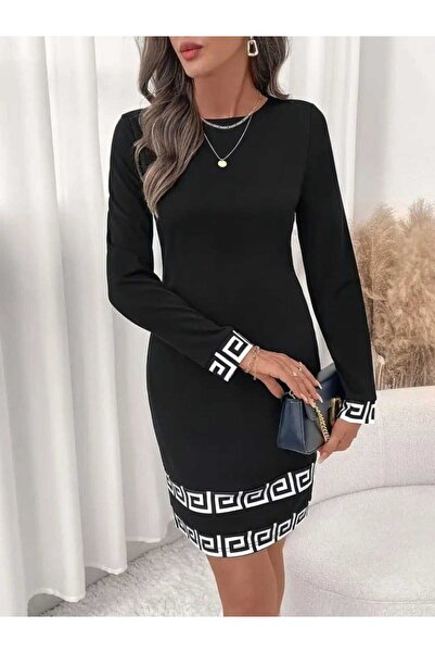 Kokosh moda Kadın Bisiklet Yaka Uzun Kollu Etek Ve Kol Ucu Desenli Krep Elbise
