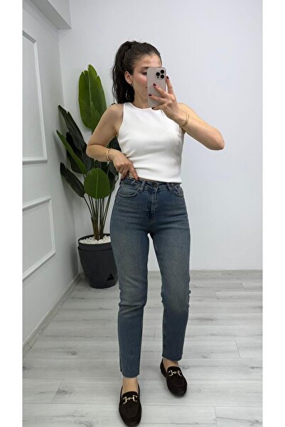 TUNAM BUTİK 6462 ملبورن تينتيلي بنطلون جينز بطول الكاحل أزرق متوسط