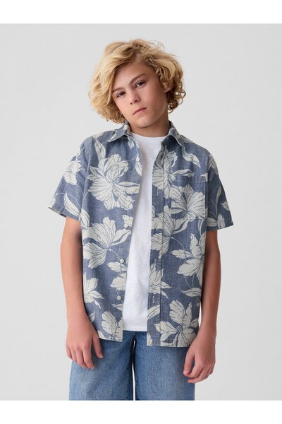 GAP Erkek Çocuk Siyah Çiçek Desenli Chambray Gömlek