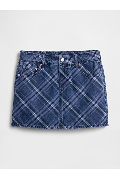 GAP Kadın Koyu Mavi Denim Kareli Mini Etek