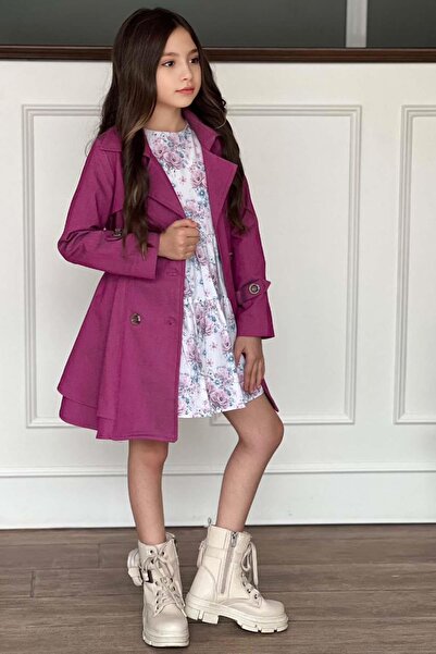 Riccotarz Girl's Floral Print Pleated Purple Trench Coat Dress