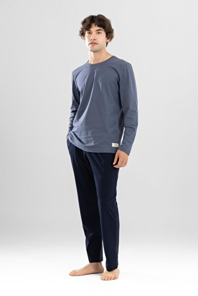 BAYKAR Men's Cotton Crew Neck Printed Long Sleeve Pajama Set 9805 Gray Melange