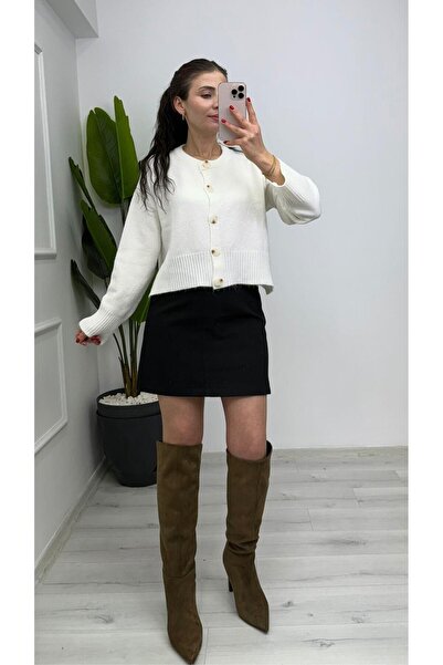 TUNAM BUTİK 4751 Soft Knit Cardigan with Side Slit Detail Ecru