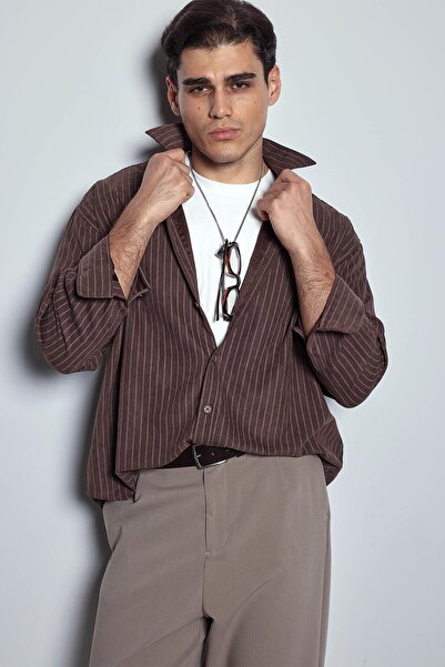 ablukaonline Ανδρικό μακρυμάνικο πουκάμισο με ρίγες καφέ