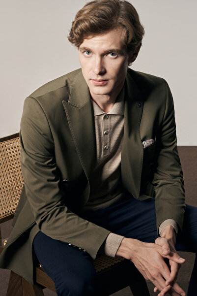 İmza سترة كلاسيكية بياقة سيف كاكي مبطنة بفتحة مزدوجة من القطن 6 دروب سليم فيت...