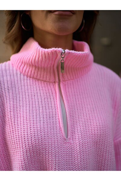 DEMİRBEY TEKSTİL Kadın Oversize Fermuarlı Crop Triko Kazak