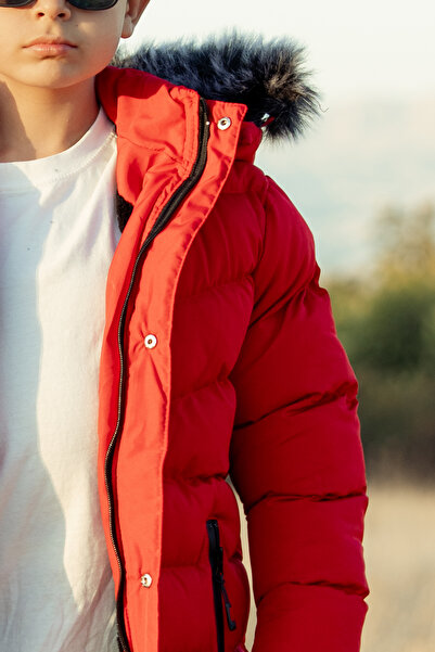 FREE ARSLAN COLLECTİON Black Inflatable Detachable Hooded Plush Fur Lined Children's Coat