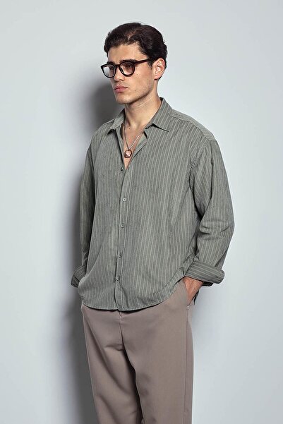 ablukaonline Ανδρικό μακρυμάνικο πουκάμισο με ρίγες χακί πράσινο