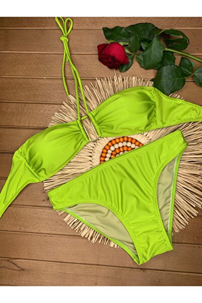 VAJESTO Γυναικείο πράσινο ελαστικό ύφασμα ελαστικό σετ μπικίνι με κορδόνι με λουράκι στο λαιμό, στράπλες, κομψό, ποιοτικό αξεσουάρ με λεπτομέρεια