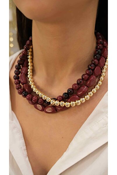 Jerie Gold Bordo Çakıl Taş Üçlü Görünüm Kolye