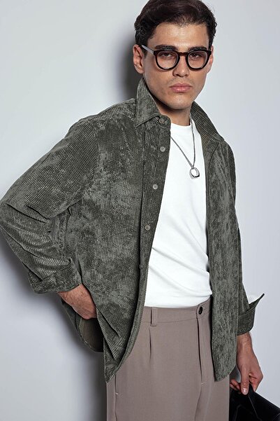 ablukaonline Ανδρικό μακρυμάνικο πουκάμισο με βελούδινη υφή χακί πράσινο