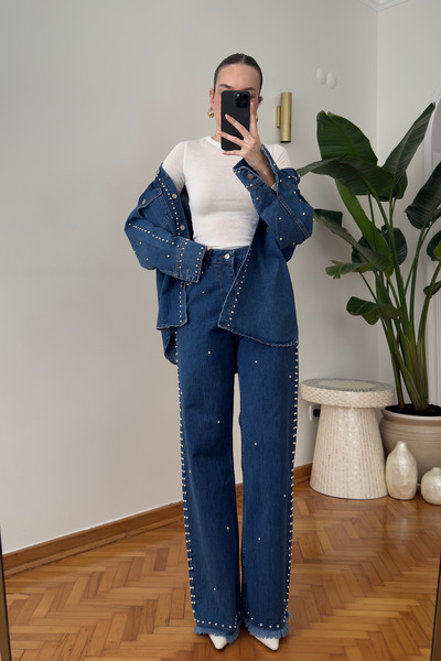 MAGARDE Costum brodat cu mărgele metalice - ALBASTRU