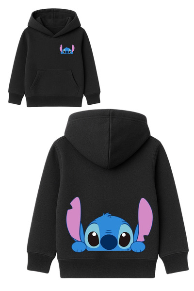 MECH BUTİK Hanorac cu glugă cu buzunar cangur negru cu imprimeu Stich