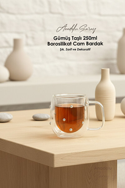 Anadolu Saray Gümüş Taşlı 250 ml Borosilikat Çift Cidarlı Isıya Dayanıklı Cam Bardak Kahve Ve Sunum Bardağı