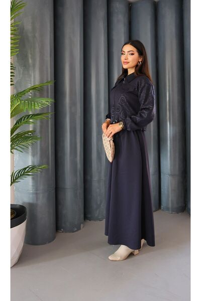 QUAWEAR Printed Shirt Collar Gathered Waist Jacket and Side Pockets Elastic Waist Skirt Knitted Fabric Two-Piece Set