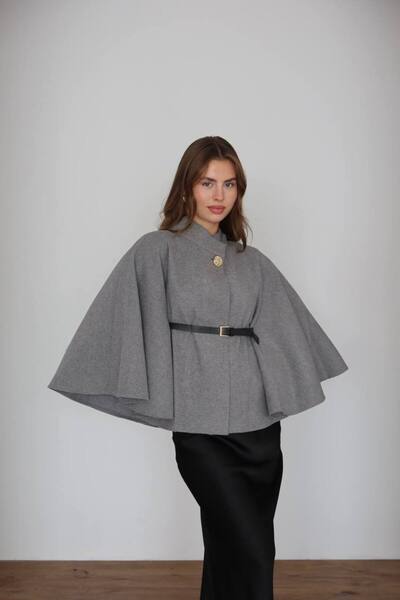 MODA Gold Button Detailed Belted Women's Poncho
