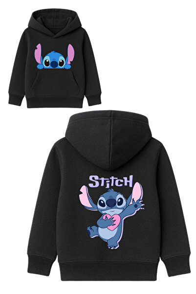 MECH BUTİK Černá mikina s kapucí a kapsou klokaního typu s potiskem Stich