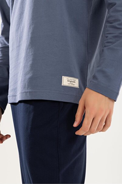 BAYKAR Men's Cotton Crew Neck Printed Long Sleeve Pajama Set 9805 Gray Melange