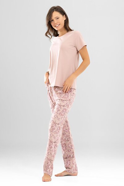 BAYKAR Women's Cotton Crew Neck Authentic Patterned Short Sleeve Pajama Set 9921 Powder