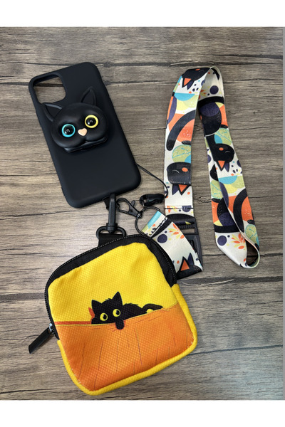 MoonArtica Siyah Kedi Tutamaçlı Askılıklı Çantalı iPhone Set 11, 12, 13, 14, ...