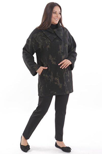 Metpoint Чорна куртка з великим розміром, з об'ємним коміром, блискітками та кишенями, з напівзастібкою