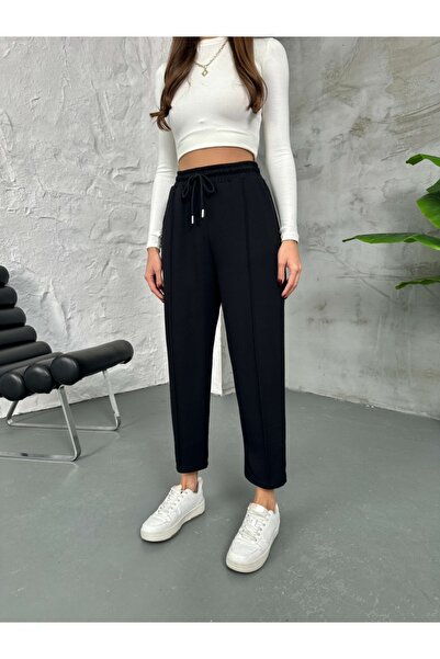 Elif Özbey Butik Siyah Biyeli Beli Bağcıklı Modal Eşofman