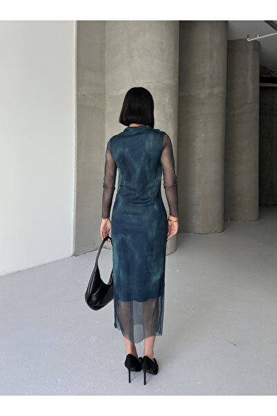 ALFUDO Moda Collection Women's High Neck Transparent Tulle Sleeves Lined Draped Midi Evening Dress Petrol Dress