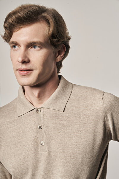 İmza Ανοιχτό μπεζ πουλόβερ με λαιμόκοψη πόλο χωρίς τσέπες Comfort Fit Classic Cotton Knitwear 1012255007