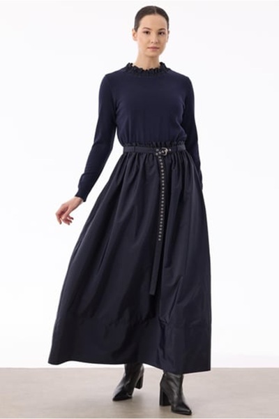 Tığ Triko Paraşüt Etekli Triko Elbise LACİVERT