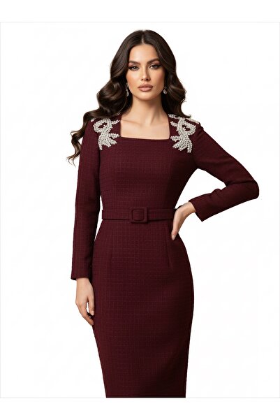 1Moda1Tarz Kadın İthal Tüvit Kumaş Taş İşlemeli Astarlı Özel Tasarım Midi Elbise