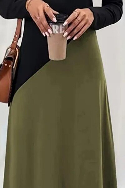 Mossta V Yaka Renk Bloklu Viskon Elbise - Yeşil