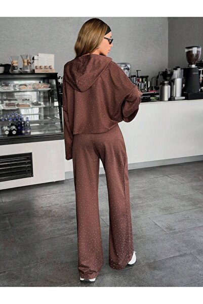 MONAMORE Brown Hooded 2 Thread Thin Stone Tracksuit Set