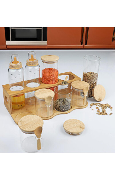 welcomein طقم وعاء توابل ووعاء زيت من البامبو - منظم مكون من 8 قطع مع حامل
