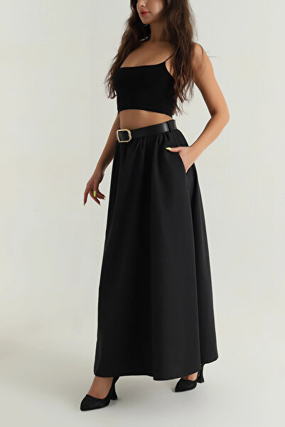 Esma Style Kadın Kemerli Beli Lastikli Cepli Liza Etek
