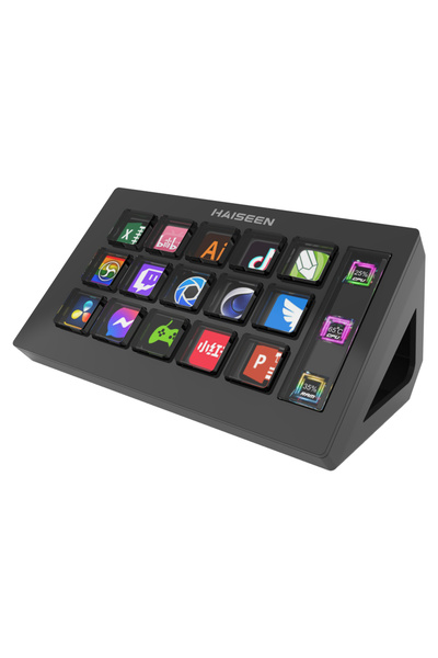 JIMITU لوحة مفاتيح HAISEEN السوداء Visual Stream Deck وشاشة LCD وزر 15 مفتاحًا للتحكم في إنشاء المحتوى المباشر المخصص