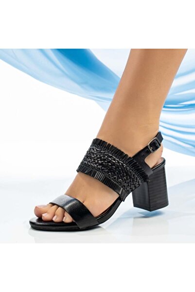 BMoD Sandale negre de damă cu toc gros și baretă MOD04547