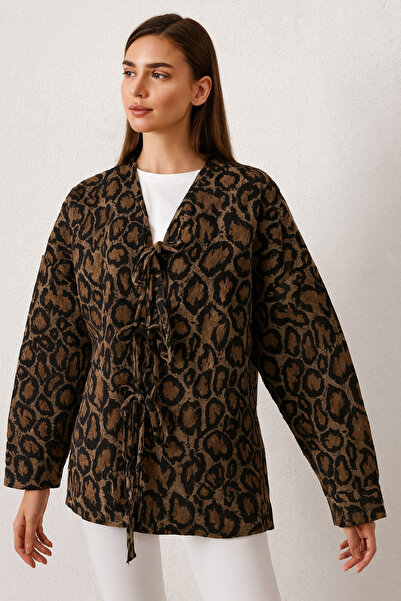 Esma Style Kadın Leopar Kırçıllı Buklet Kumaş Kaşe Kimono