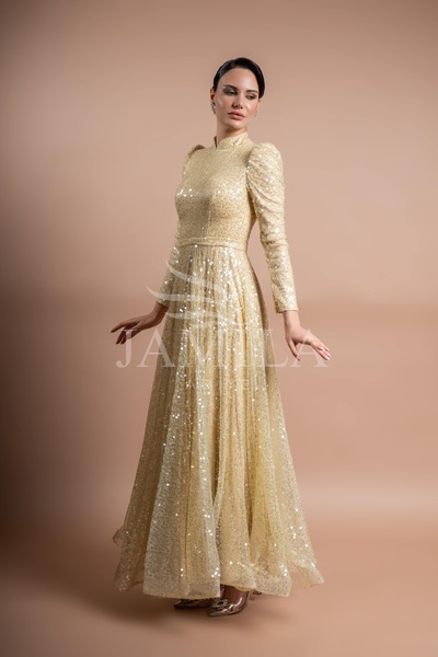 Lovely Dress Payet İşlemeli Hakim Yaka Uzun Kollu Abiye Elbise