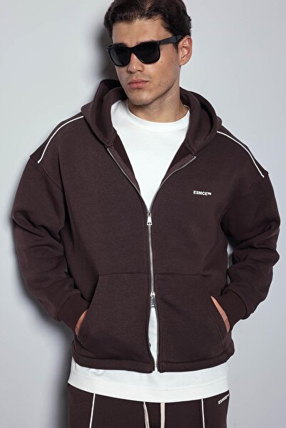 ablukaonline Мъжки комплект спортен екип с качулка и цип, кафяв