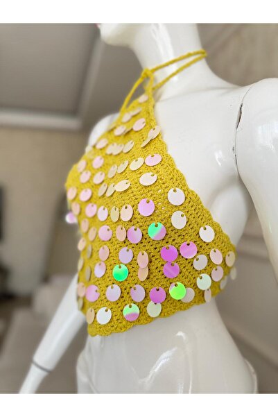 gül sezgin butik Women's Hand-Knitted Sequin Design Bustier and Hair Accessory