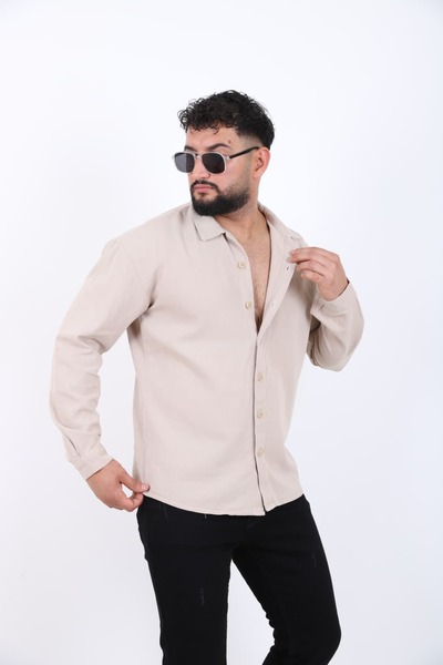 blayn jeans Erkek Uzun Kollu keten görünümlü Gömlek Oversize Kalıp