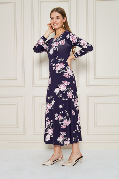 ESPİNA Bisiklet Yaka Uzun Kol Çiçek Baskılı Elbise