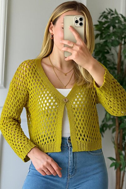 Minora كارديجان نسائي مخرم من القطن 100% بلون الفستق