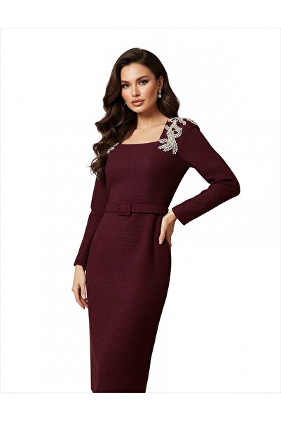 1Moda1Tarz Kadın İthal Tüvit Kumaş Taş İşlemeli Astarlı Özel Tasarım Midi Elbise