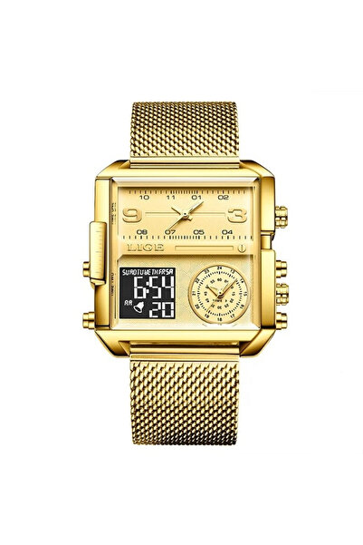 Lige Ceas bărbătesc analogic digital din oțel cuarț cu alarmă aurie