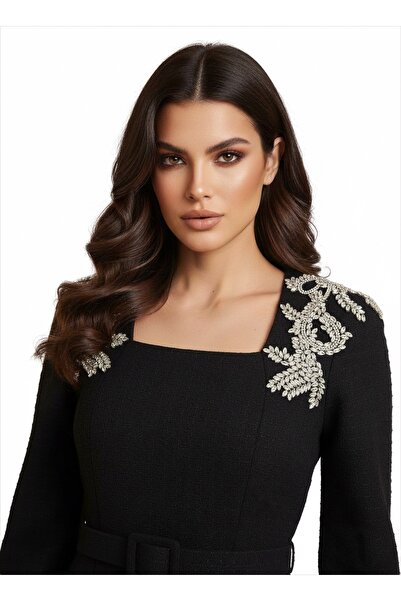 1Moda1Tarz Women's Imported Tweed Fabric Stone Embroidered Lined Special Design Midi Dress