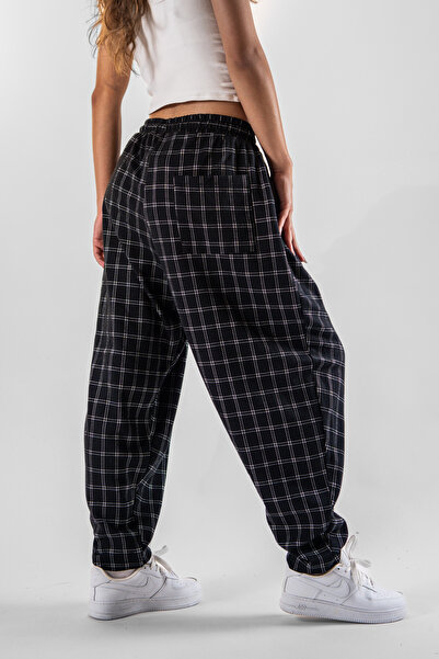 Superbluemexico Women's Plaid Patterned Pleated Baggy Trousers