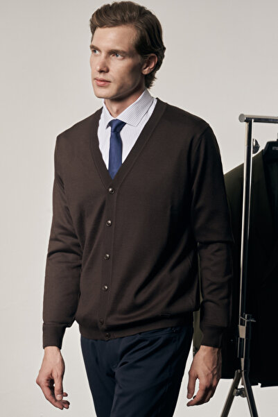 İmza Dark Brown V-Neck Pocketless Comfort Fit Classic Cotton Knitwear Cardigan 1012255016