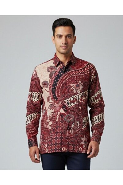 Cash Trade Batik Desenli Gömlek-Bordo. Indonesian Batik Shirt(L-XL)